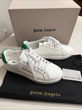 NIB Authentic Palm Angels White Leather Sneakers with Green Heel Accent